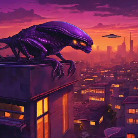 Alien creatures hiding on rooftops at sunset,separated from their spaceship,avoiding search parties,illustrated,highres,(realistic:1.37),mysterious dark shadows,camouflaged scales,glowing eyes,sharp claws,tense body language,urban landscape,sci-fi concept ...