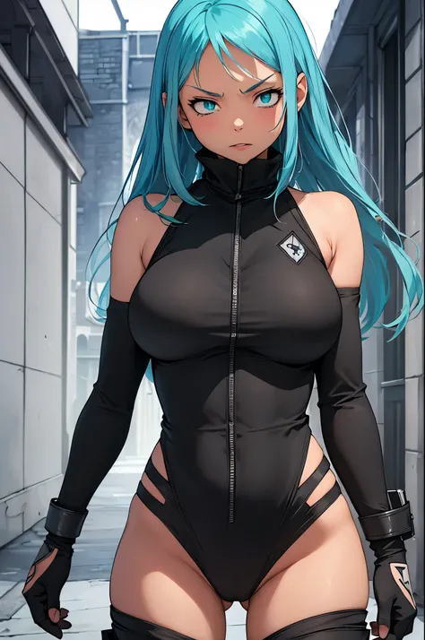 (masterpiece, best quality:1.2), expressive eyes, perfect face, highres, (female:1.5), 1girl, solo, black_star_soul_eater, blue hair, green eyes, long hair, worried face, black bodysuit, blushing, open mouth, standing, cowboy shot, looking at the viewer
