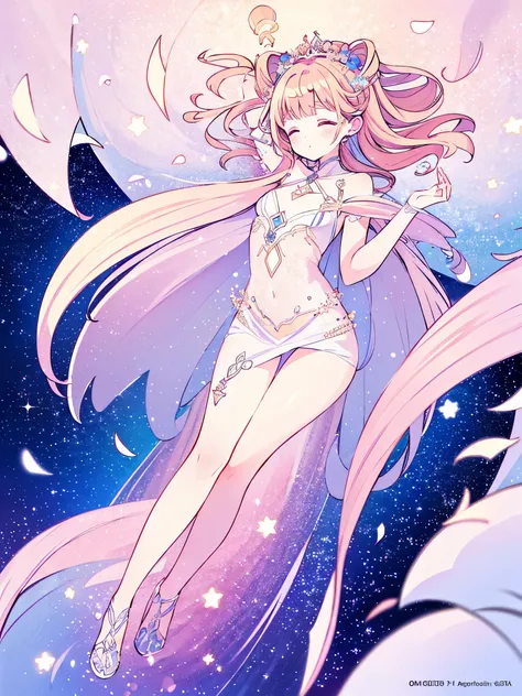 complex background, wishing star background, a woman wearing an ethereal mystical pink translucent dress that reflects the stars, perfume promo art, mystic, complex drawing, highly detailed, Covergirl brand, promo art, artistic rendition, ethereal, starry ...