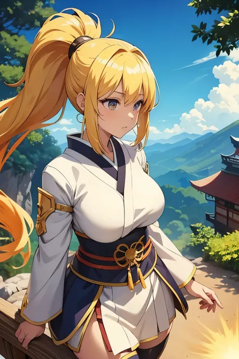 {anime girl}, {japanese clothes}, golden hair, ponytail, shiny hair, beautiful, {fantasy}, adventurer, sun warrior, {sun powers}, fantasy outfit, {fighter}, {fighting outfit}, sexy clothes, big tits