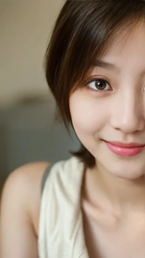 incredibly absurd, beautiful and cute 20-year-old Korean girl with a photorealistic face, showcasing top-quality craftsmanship. Her slender frame adorned with short, messy hair. The artwork high-resolution, allowing for ultra-detailed features to be captur...