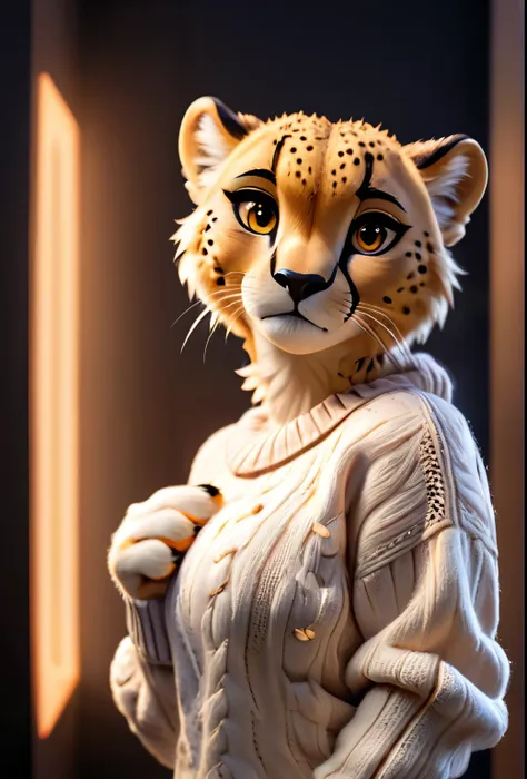 Closeup of an anthro furry cheetah female wearing a wool sweater, large breasts, paws, paw pads towards viewer, high quality photography, 3 point lighting, flash with softbox, 4k, Canon EOS R3, hdr, smooth, sharp focus, high resolution, award winning photo...