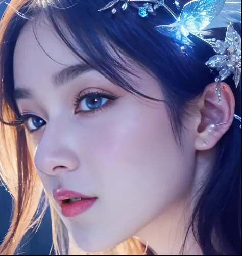 Close-up of a lady with a flower in her hair, Practical. cheng yi, Blue shining eyes, Artwork in the style of Guweiz, ethereal beauty, Beautiful face, inspired by Yanjun Cheng, jingna zhang, Cute and delicate face, xianxia fantasy, krystal, 8K Artgerm boke...