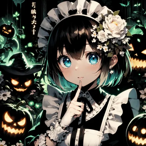 Anime-style illustration of a young woman with short black hair adorned with white flowers, dressed in a black and white maid outfit. She has large, expressive blue eyes and rosy cheeks, giving her a thoughtful look as she poses with her finger to her lips...