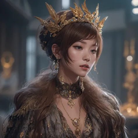 32K（tmasterpiece，k hd，hyper HD，32K）Short burgundy hair，Gold jewelry area in the back room，Flame Girl ，Yao Lang protector （realisticlying：1.4），Python pattern robe，Purple-pink tiara，Snowflakes fluttering，The background is pure，Hold your head high，Be proud，Th...