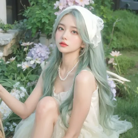 A girl in the garden，绿色Long curly hair，Wearing a white headscarf，Long curly hair，White skirt，Middle parting hairstyle，Bangs hairstyle，long flowing hair，Very curly hair，Photorealism，masterpiece，best quality，high quality，Fine details，Clear focus，精致Face部细节纹理，...