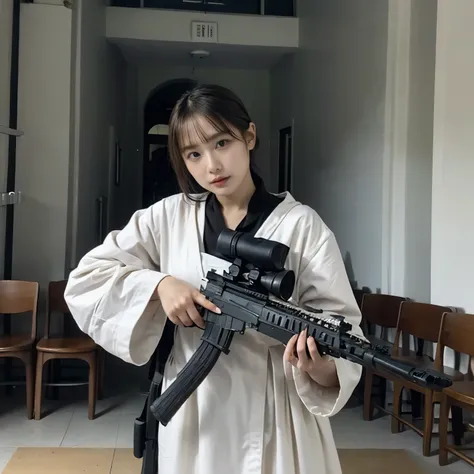 A beautiful nun、Wearing a monk's robe:1.3、Cowboy Shot、Big Breasts、(Skinhead:1.5)、(Aiming the Groza assault rifle at the viewer:1.67)、Standing at the altar of the chapel
