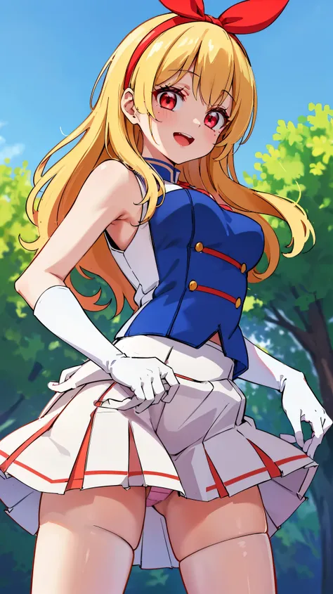 (red ribbon on hairband:1.2),masterpiece, best quality, highres, 1girl, solo, Blonde hair, RED eyes, mole under eye, band uniform, sleeveless, white gloves, pleated skirt, knee boots, cowboy shot, hand on hip, smile, open mouth, outdoors ,((((skirt lift)))...