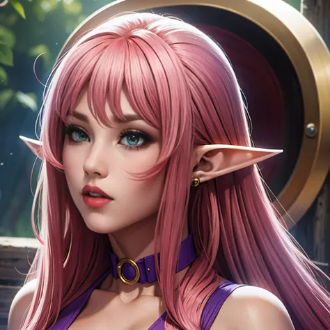 (masterpiece, best quality:1.2), 1 elf girl, solo, long hair, pink hair, straight hair, green eyes, beautiful eyes, full red lip...