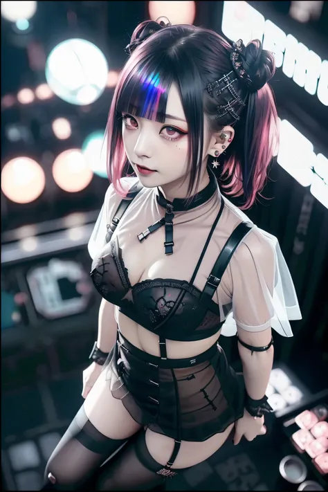 ((Building Rooftop: 1,3)), ((Redhead, Goth_Punk, Alone, Medium Shot, Walking in Harajuku, ((Night)), Blur, Neon Light, Iridescent Eyes, Starry Sky, Glowing Red Hair, White Eyebrows, Shiny Hair, (Iridescent Black Hair), Earring, Bun, Jewelry, Dull Bangs, Bu...