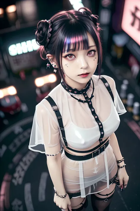 ((Building Rooftop: 1,3)), ((Redhead, Goth_Punk, Alone, Medium Shot, Walking in Harajuku, ((Night)), Blur, Neon Light, Iridescent Eyes, Starry Sky, Glowing Red Hair, White Eyebrows, Shiny Hair, (Iridescent Black Hair), Earring, Bun, Jewelry, Dull Bangs, Bu...