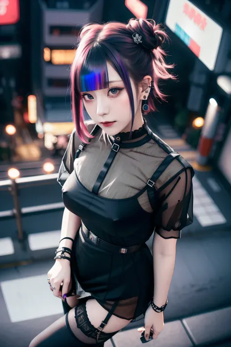 ((Building Rooftop: 1,3)), ((Redhead, Goth_Punk, Alone, Medium Shot, Walking in Harajuku, ((Night)), Blur, Neon Light, Iridescent Eyes, Starry Sky, Glowing Red Hair, White Eyebrows, Shiny Hair, (Iridescent Black Hair), Earring, Bun, Jewelry, Dull Bangs, Bu...