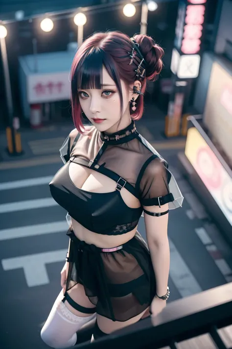 ((Building Rooftop: 1,3)), ((Redhead, Goth_Punk, Alone, Medium Shot, Walking in Harajuku, ((Night)), Blur, Neon Light, Iridescent Eyes, Starry Sky, Glowing Red Hair, White Eyebrows, Shiny Hair, (Iridescent Black Hair), Earring, Bun, Jewelry, Dull Bangs, Bu...