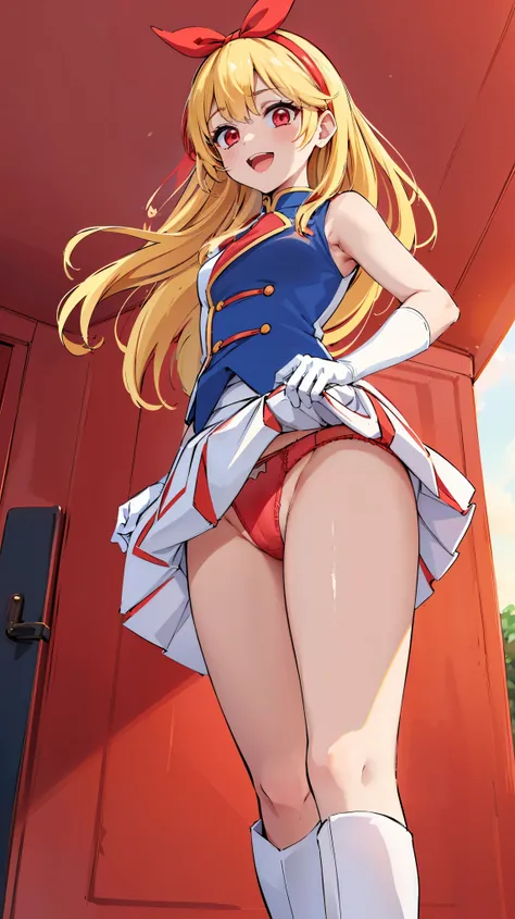 (red ribbon on hairband:1.2),masterpiece, best quality, highres, 1girl, solo, Blonde hair, RED eyes, mole under eye, band uniform, sleeveless, white gloves, knee boots, cowboy shot, hand on hip, smile, open mouth, outdoors ,((((skirt lift)))),((red color p...