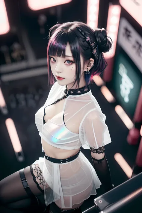 ((Building Rooftop: 1,3)), ((Redhead, Goth_Punk, Alone, Medium Shot, Walking in Harajuku, ((Night)), Blur, Neon Light, Iridescent Eyes, Starry Sky, Glowing Red Hair, White Eyebrows, Shiny Hair, (Iridescent Black Hair), Earring, Bun, Jewelry, Dull Bangs, Bu...