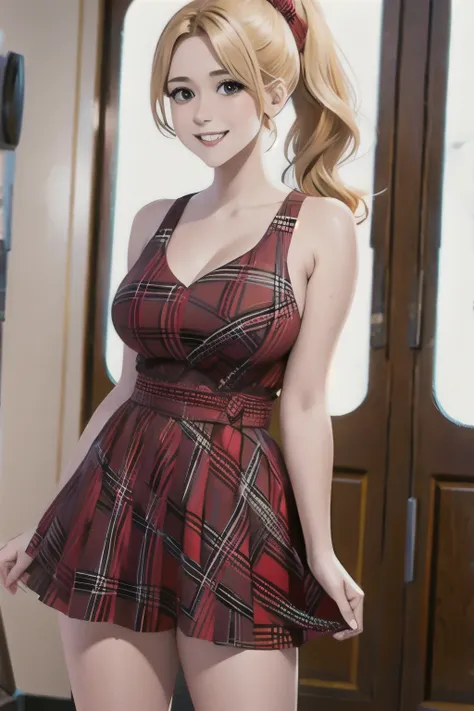 a blonde lady, 25, brown eyes, wearing a red plaid dress with her hair tied up in a ponytail, standing in a room smiling at the viewer.