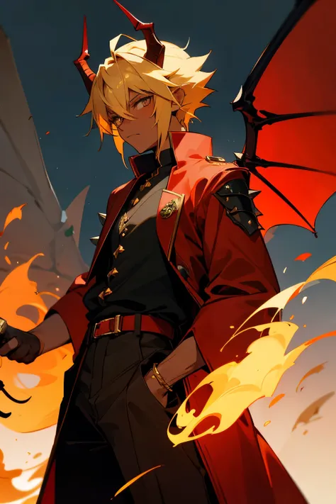 {anime boy}, {dark skin}, brown skin, blonde hair, spiky hair, {fantasy outfit}, red coat, black shirt, red baggy pants, dragon horns, dragon wings, fire, fire powers, swordsman