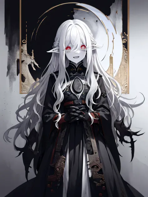 (masterpiece,highest quality,Very detailed),One girl,White Hair, Long Hair,Messy Hair ,smile ,Jagged teeth,Wavy Hair, Hair above the eyes,Pale skin, Pointed Ears,Black jacket, impact,Chinese Dress Fashion,Ancient streets,night,moonlight，whole body