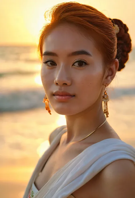 Portrait of the navel on the head of a 20-year-old redhead Thailand woman, vestido com uma toga romana antiga coberta de linho, em uma praia, sedution, Sunset, cinematic rendering, 32k, .RAW