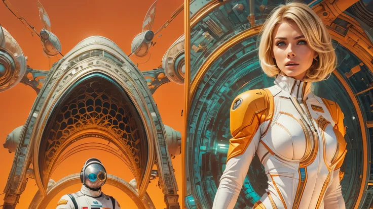 arafed image of a white woman in a futuristic suit with a spaceship in the background, movie art, in front of an orange background, inspired by Robert McGinnis, female protagonist, megastructure in the background, portrait of an ai astronaut, astronauts, a...