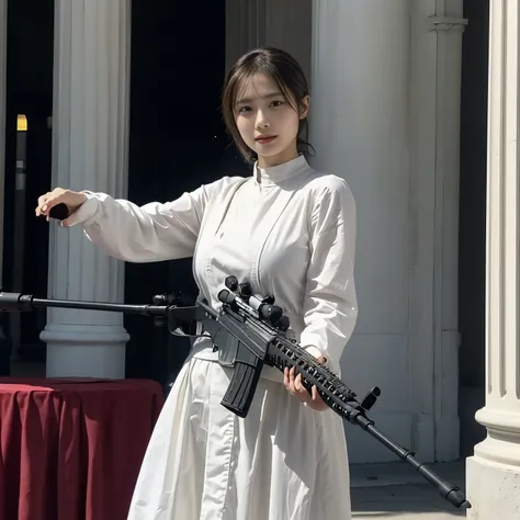 A beautiful nun、Wearing a monk's robe:1.3、Cowboy Shot、Big Breasts、(Skinhead:1.55)、(Aiming the Groza assault rifle at the viewer:1.67)、Dynamic Pose、Standing at the altar of the chapel、Stained glass、Hymns、