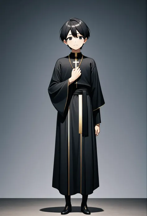 Ultra HD、low length、male、Guru、Black Hair、Iris、Full body view、Short Hair、front、Guru服装、male性、Shota、Clothes with a long hem、strict、sacred、prayer、Long trousers、anime、sacredな服装、Priests attire、Black clothes underneath、Gold Necklace、Two gold lines on the trousers...