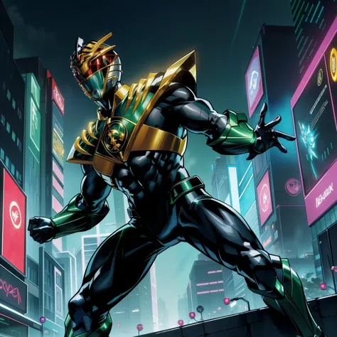 In the heart of a technologically advanced city, a chameleon Power Ranger stands ready. Surrounding him are towering, futuristic buildings, their glass facades reflecting the vibrant neon lights that dance across the night sky. The streets are a bustling n...