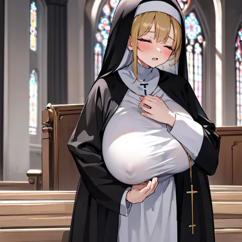 (solo), (1 praying cute nun:1.3) standing in church, (praying with holding hands together over chest:1.2), very skinny, (sheer long black robe:1.5), (gigantic breasts:1.3), (bursting perky breasts:1.2), inconceivably narrow waist, too short torso, skinny l...