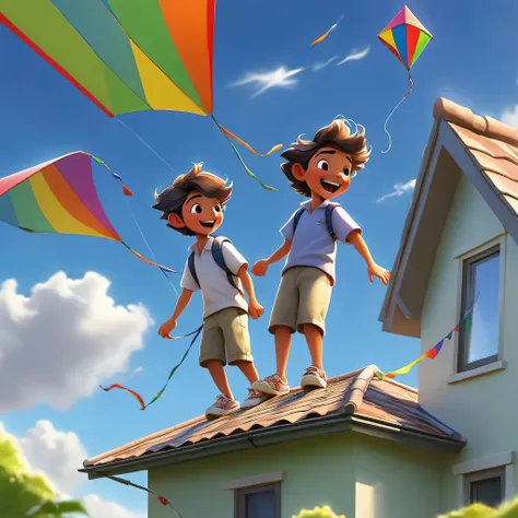 a father and young son,flying a kite,standing on the roof of their house,beautiful sunny day,green garden below,gentle breeze,joyful expressions on their faces,vibrant colors,realistic lighting,high resolution,strong bond between father and son,happy child...