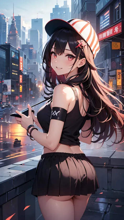 最high quality、Best image quality、masterpiece、girl((20-year-old、 By becoming、Best Bust、Medium Bust,Wide open breast tea、red glowing eyes, Black and red hair、Disheveled Hair、Long Hair、thin,The highest valley、White tank top、Red short skirt、Open chest、White wr...