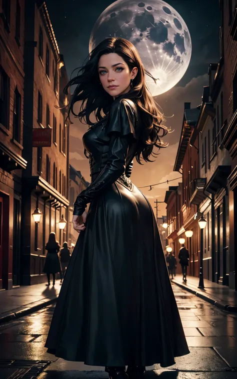 (Emmy Rossum:Evangeline Lilly) An ultra detailed, a beautiful goth girl with long straight hair in a short black dress is walking through a gothic city, moonlight, gothic fashion, dark fantasy style, hyper realistic, realism, digital art, cinematic, perfec...