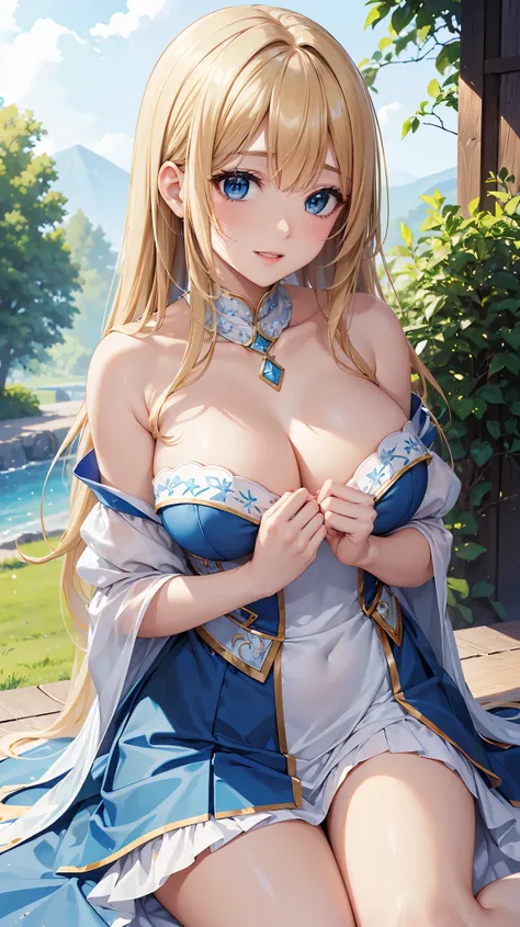 ((highest quality、High resolution))、Portrait、A beautiful woman、Perfect body、beautiful ample breasts、Long blonde、bangs、Blue and white、Embellished blue sexy dress、skirt、a sexually excited look、Im inviting you to have sex、Outdoor Scenery