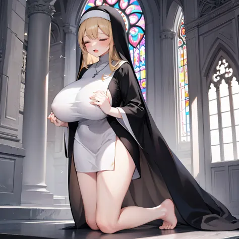 (solo), (1 praying cute nun:1.3) standing in church, (praying with holding hands together over chest:1.2), very skinny, (sheer long black robe:1.5), (gigantic breasts:1.3), (bursting perky breasts:1.2), inconceivably narrow waist, too short torso, skinny l...