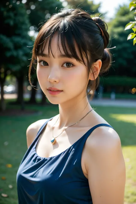 A beautiful Asian girl with a neat bun atop her head adorned with a delicate necklace, a captivating smile gracing her face, and her figure bathed in gentle sunlight. She is dressed in blue attire, each fabric seam and detail perfectly rendered in high def...