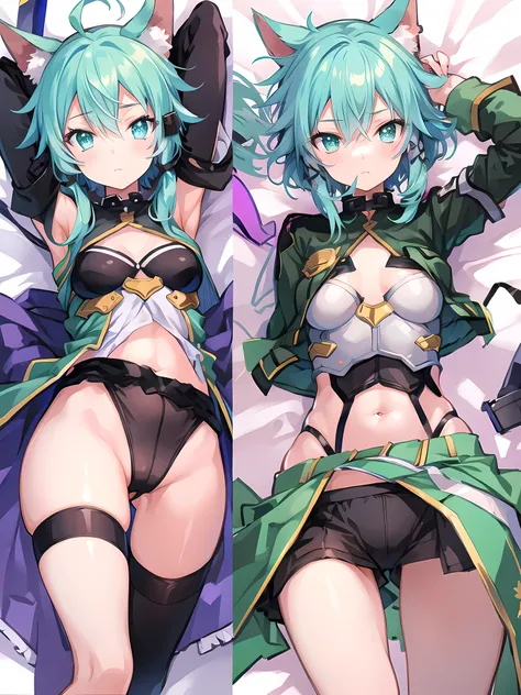 ((dakimakura, girls, thin cloth, spreading legs, )), multiple views, from behind, 
(((     Sinon, bob hair     ))), military uniform , 