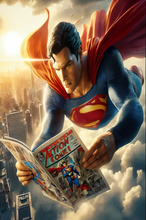 ((very sharp photo result & detailed face)) (((textile shading))), (((Best Quality))), (((masterpiece))), (((hyper realistic photo))) cinematic 3d illustration Superman with classic comic costume floating in the sky while reading action comics #1 comic boo...