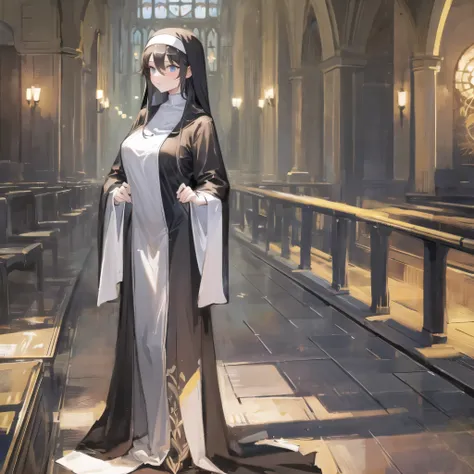 (solo), (1 praying cute nun:1.3) standing in church, (praying with holding hands together over chest:1.2), very skinny, (sheer long black robe:1.5), (gigantic breasts:1.3), (bursting perky breasts:1.2), inconceivably narrow waist, too short torso, skinny l...