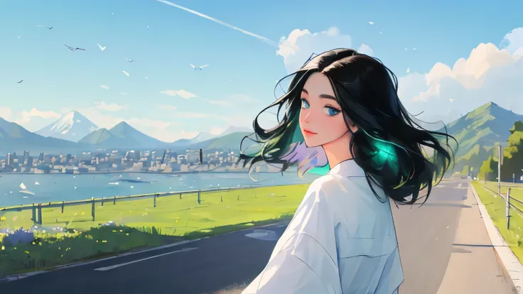 ((masterpiece)),(((bestquality))),((ultra-detailed)) realisticlying, 1 girl, white, Beautiful, black hair, happy, blue eye, The sky morning, looking to viewer, soft green, city, road, mountain. sky blue.
