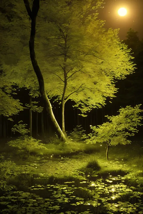 A tranquil forest scene under the cover of night, where the moon casts a gentle glow. The trees stand tall and proud, their leaves rustling softly in the quiet night breeze. The moon, a radiant sphere in the sky, bathes the forest floor in silvery light, h...