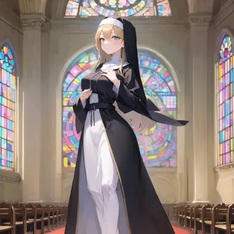 (solo), (1 praying cute nun:1.3) standing in church, (praying with holding hands together over chest:1.2), very skinny, (sheer long black robe:1.5), (gigantic breasts:1.3), (bursting perky breasts:1.2), inconceivably narrow waist, too short torso, skinny l...