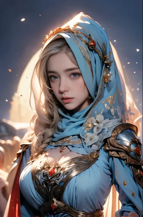 wearing a hijab  , blue eye, blond hair, around 17 years old, (golden silver hijab), tmasterpiece，Best quality at best，A high resolution，8K，((Portrait))，(upper body)，Original photo，real photograph，digital photography，(Female princess in the medieval fantas...