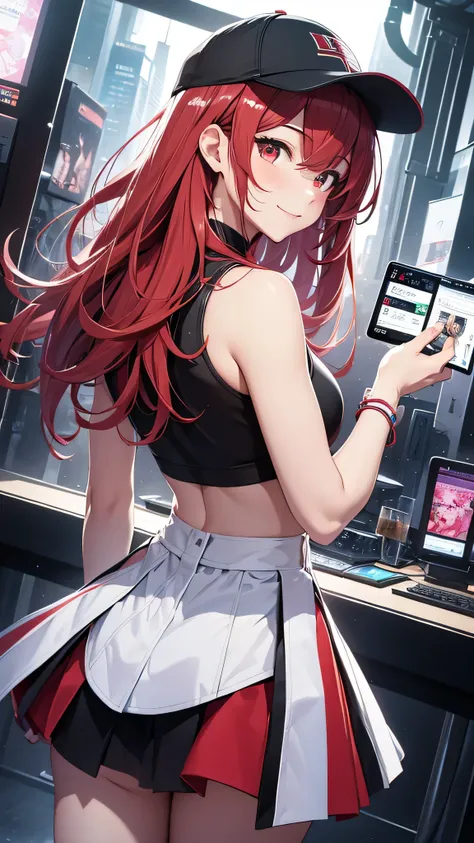 最high quality、Best image quality、masterpiece、girl((20-year-old、 By becoming、Best Bust、Medium Bust,Wide open breast tea、red glowing eyes, Black and red hair、Disheveled Hair、Long Hair、thin,The highest valley、White tank top、Red short skirt、Open chest、White wr...