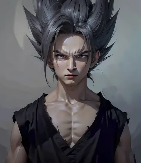 Real life adaption of this character,his name is Gohan from anime Dragon ball, Korean adult handsome face, realistic long messy hair he has dark grey hair, realistic purple outfit like judo, realistic light, realistic shadow,realistic background,(photoreal...