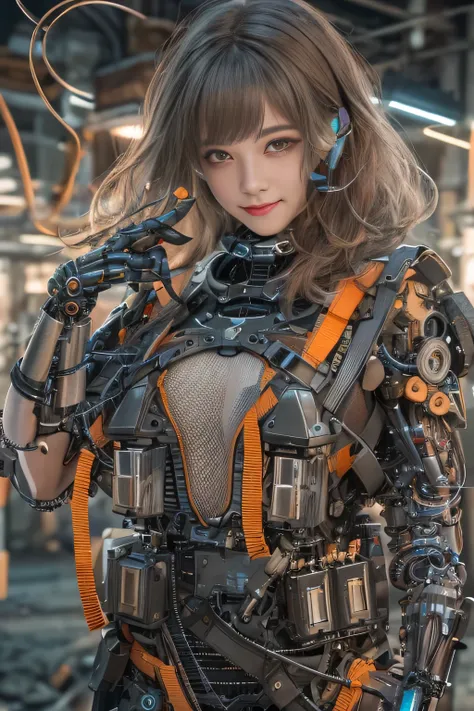 Glowing cyber girl with cybernetic arm,(See-through costume:1.3, )Standing in a post-apocalyptic battlefield.Surrounded by a network of wires. surrounded by circuits. (Cyber girl with a submachine gun:1.3), Shiny light brown and orange striped short hair,C...