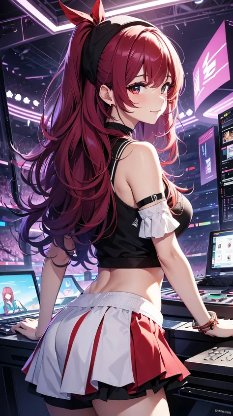 最high quality、Best image quality、masterpiece、girl((20-year-old、 By becoming、Best Bust、Medium Bust,Wide open breast tea、red glowing eyes, Black and red hair、Disheveled Hair、Long Hair、thin,The highest valley、White tank top、Red short skirt、Open chest、White wr...