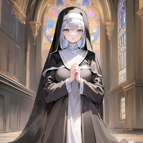 (solo), (1 praying cute nun:1.3) standing in church, (praying with holding hands together over chest:1.2), very skinny, (sheer long black robe:1.5), (disproportionately gigantic breasts:1.3), (bursting perky breasts:1.2), inconceivably narrow waist, too sh...
