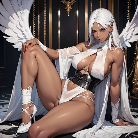 gray eyes, white hair, dark skin, lascivious look, muscular, very voluptuous, full body, big legs, very small waist, huge breasts, very lascivious, angel costume, More lascivious, More lascivious