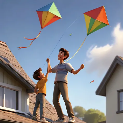 A father and young son (age 8) flying a kite while standing on the roof of their house