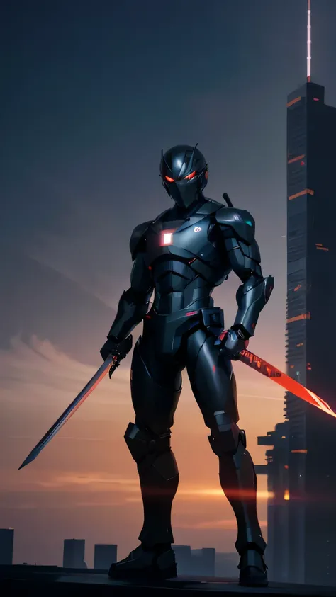 Skyscraper night sky, Cloud, Holding_arma, No_Humanity, Glow, Ninja robot, architecture, Science fiction, urban, Reality Upper body straight forward Glowing body Glowing red eyes holding a sword（Tachi weapons） a broad shouldered --v6,holding a big sword co...