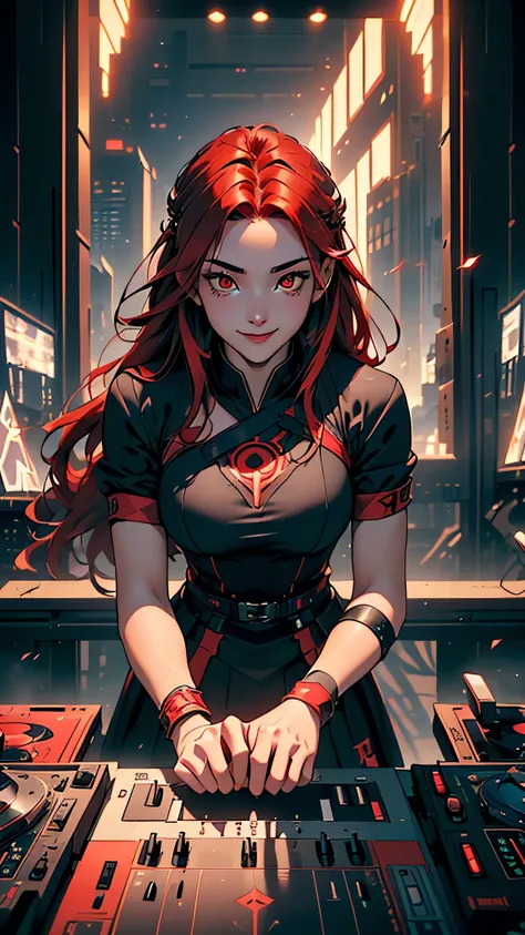 最high quality、Best image quality、masterpiece、girl((20-year-old、 By becoming、Best Bust、Medium Bust,Wide open breast tea、red glowing eyes, Black and red hair、Disheveled Hair、Long Hair、thin,The highest valley、Hero Suit、Open chest、White wristband、smile、Leaning...